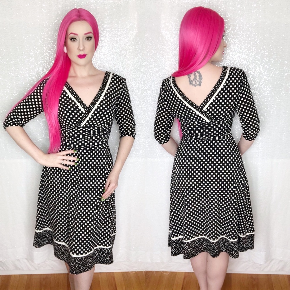 Black & White Polka Dot V Neck Dress